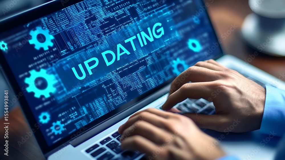 Updating Laptop: Person Working on Technical Software Enhancement and System Improvement with Abstract Data Displayed. Updating Laptop: Person Working on Technical Software Enhancement and System Improvement with Abstract Data Displayed.