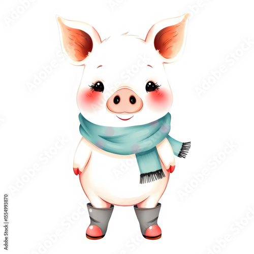 Joyful baby pig watercolor in scarf and boots.