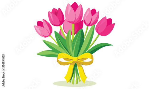 A vibrant bouquet of pink tulips with lush green leaves tied with a cheerful yellow ribbon presented on a clean white background