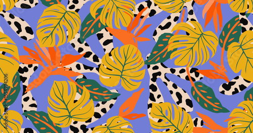 Abstract tropical leaves seamless pattern with colorful style. Modern foliage print design for fabric, textiles, clothing, packaging, covers, banners, home decor and backgrounds. Vector illustrations.