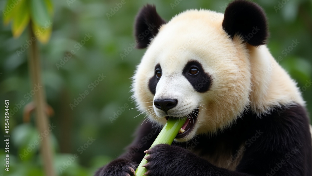 Naklejka premium Playful Giant Panda Munching Fresh Bamboo Stick
