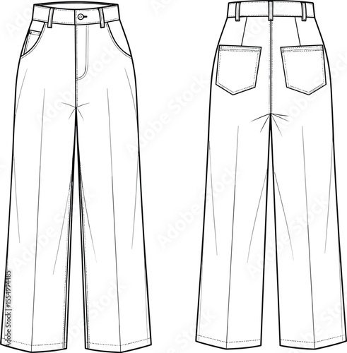 CAD drawing flat vector illustration of women’s wide leg high waist denim jeans front and back view, fashion design template, technical clothing sketch