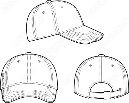 CAD drawing flat vector illustration of classic baseball cap design with front, side, and back view, detailed stitching, curved visor, adjustable buckle strap