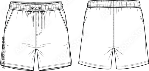 CAD drawing flat vector illustration of casual men's shorts front and back view, fashion technical sketch with drawstring waistband, summer apparel design template