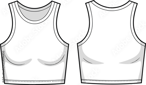 CAD drawing flat vector illustration of sleeveless cropped tank top front and back, technical fashion sketch, women's activewear top, gym workout clothing