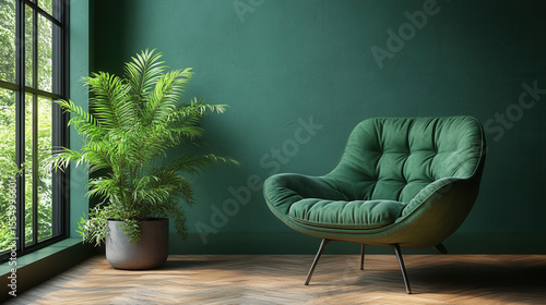 Stylish green lounge chair with indoor plant on wooden floor, clean modern vibe 
