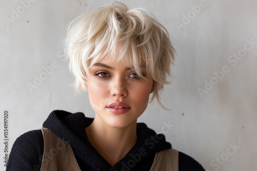 A stylish woman with a short pixie cut, textured blonde bob hairstyle gazes intently, wearing a black and beige outfit