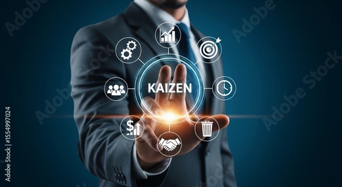 Kaizen Circular Diagram with Large Business Icons in Hand – Process and Performance Improvement Concept