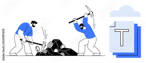 Two men breaking rocks with pickaxe and sledgehammer, extracting resources, cloud with stacked documents. Ideal for data mining, teamwork, resource management, productivity, cloud technology, digital