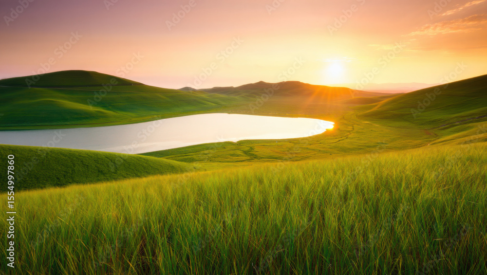 Fototapeta premium Sunset Lake with Green Hills, and Summer Landscape.