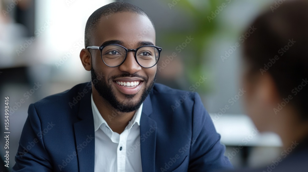 Fototapeta premium Confident Black businessman smiles during a professional meeting, showcasing success and positive communication.