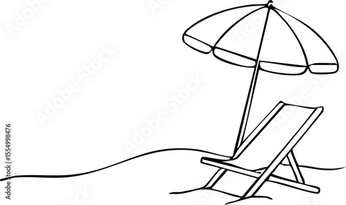 Minimal hand-drawn beach scene with lounge chair and umbrella on the sand. Simple black outline for summer, vacation, travel, and relaxation themed designs