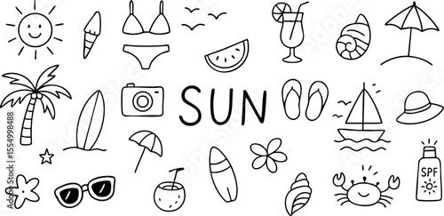 Hand-drawn summer and beach doodles set with sun, swimsuit, flip flops, coconut, SPF, and sea elements. Fun outline icons for vacation, travel, and tropical design