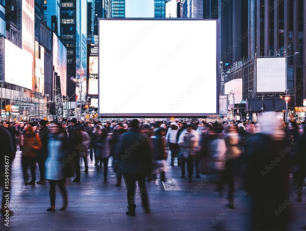 Obraz premium Blank billboard in Times Square, surrounded by a bustling crowd of people at night.