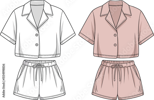 CAD drawing flat vector illustration of women's summer pajama set, short sleeve button top and drawstring shorts, casual loungewear sleepwear design for comfort