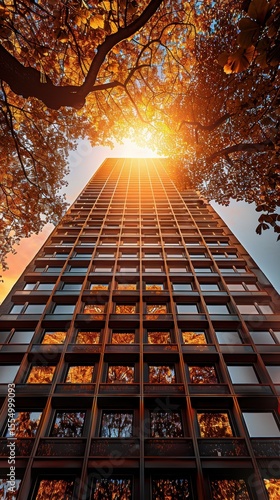 View looking up at a tall building with sunlight peaking through the trees in autumn season