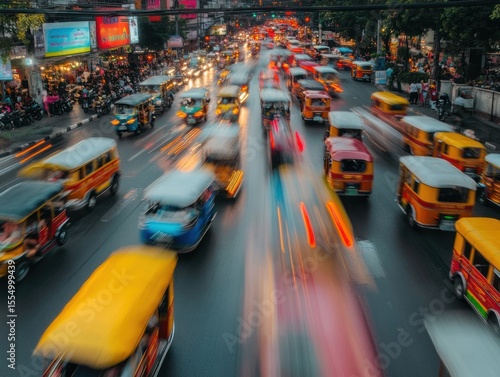 Busy city street with many colorful vehicles, including jeepneys, moving in blurred motion during daytime.