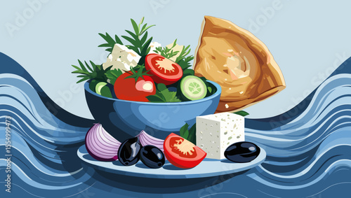 Vibrant salad bowl with fresh vegetables, olives, and a crispy pastry on a wave-patterned background