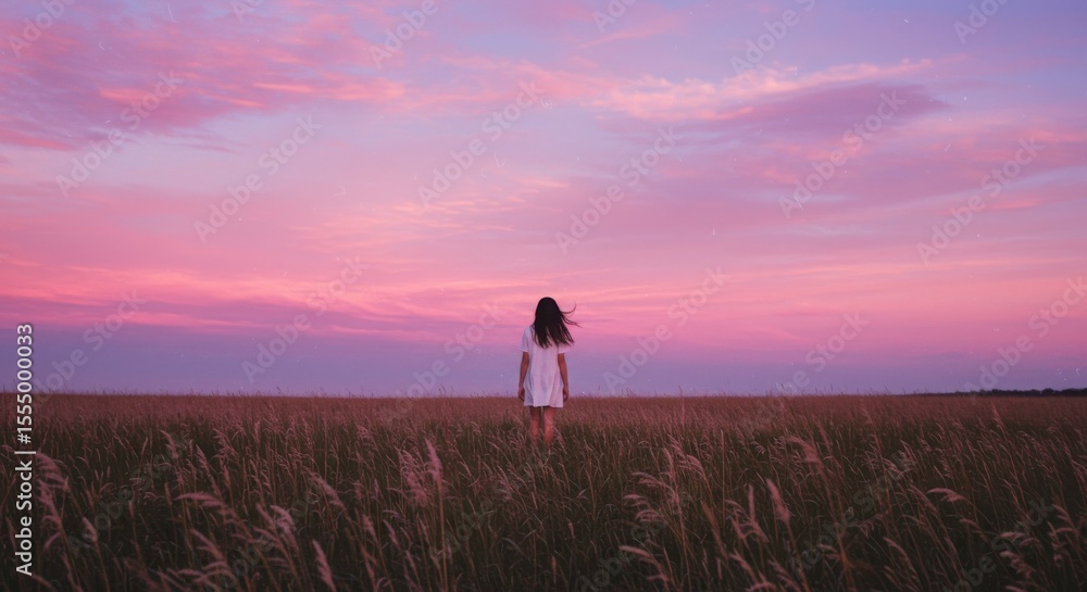 Fototapeta premium A woman in white dress stands in a golden field under a vibrant, pink and purple sunset sky