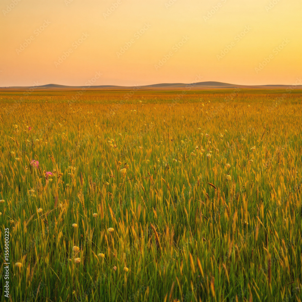 Fototapeta premium Sunset Prairie Grassland Field Landscape.