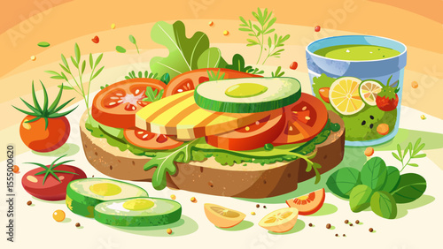 Creamy avocado slices, sprouts, cucumber, tomato, and shredded carrots fill a hearty whole grain sandwich. A vegan spread glistens beneath the top slice. The scene is bright and healthy, with fresh 