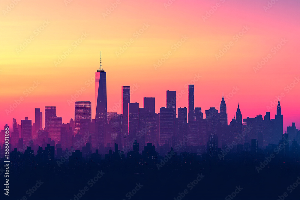 City skyline at sunset pink and purple hues skyscrapers buildings cityscape City skyline at sunset pink and purple hues skyscrapers buildings cityscape