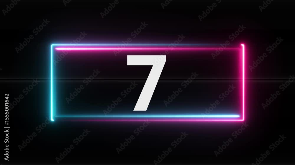 text, 7 celebration. Neon glowing 7 animation with neon rectangle border. text, 7 celebration. Neon glowing 7 animation with neon rectangle border.