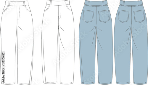 CAD drawing flat vector illustration of loose fit straight leg denim pants, front and back view, fashion technical sketch, clothing design template mockup