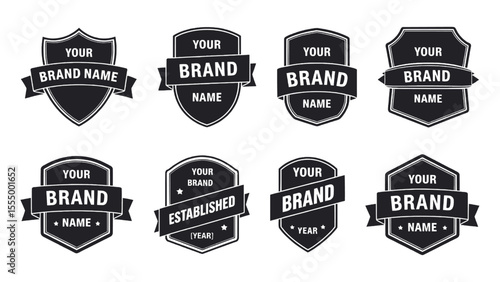 Set of customizable retro-style black shield badge logo templates with ribbons and bold typography perfect for brand identity, product labeling, vintage branding, packaging design, and logo creation