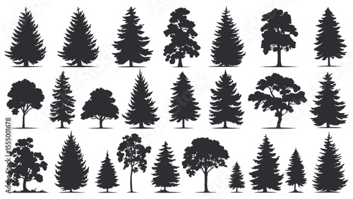 Large collection of black silhouette trees featuring pine, fir, spruce, and broadleaf varieties in vector style perfect for forest illustrations, outdoor scenes, eco designs, landscapes, nature art