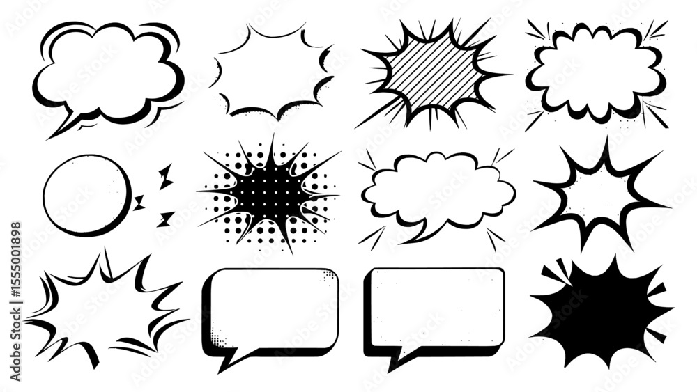 Fototapeta premium Comic book speech bubble and explosion shape collection in black and white featuring blank pop art style dialogue boxes and action bursts perfect for retro comics design stickers templates 
