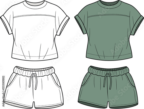 CAD drawing flat vector illustration of casual activewear set, front view cropped t-shirt and drawstring shorts, technical fashion sketch design for women’s loungewear