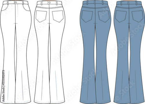 CAD drawing flat vector illustration of high waist flared jeans, back view fashion technical sketch, detailed denim pants design template for apparel production