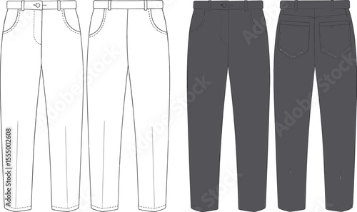 CAD drawing flat vector illustration of women’s tailored trousers, front and back view technical sketch, high waist straight leg pants fashion design template