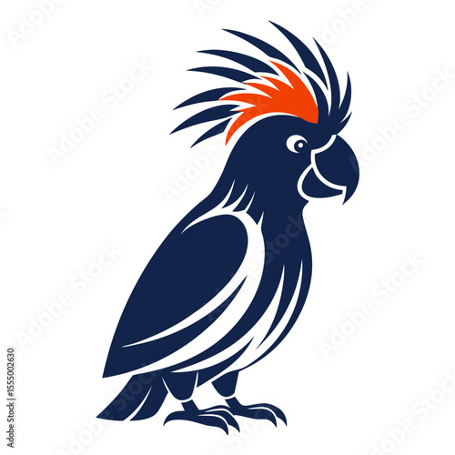Stylized dark blue cockatoo with orange crest silhouette