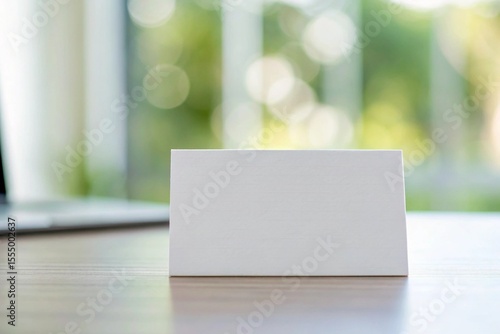 Blank white business card or nameplate on a wooden desk with blurred background

