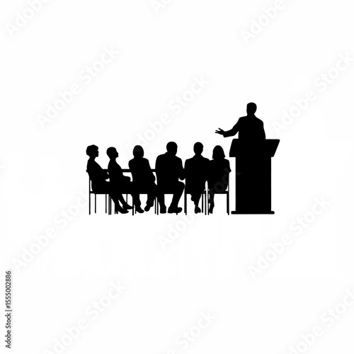 Silhouette of a CEO addressing employees at a company town hall on white background