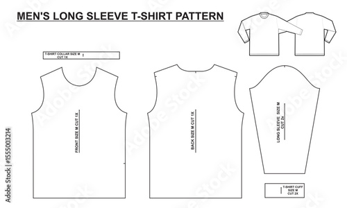 Full-size printable men's long-sleeve T-shirt sewing pattern. Digital template front, back, sleeve, collar, and cuff pieces, all clearly labeled and outlined for easy cutting and assembly, size M.