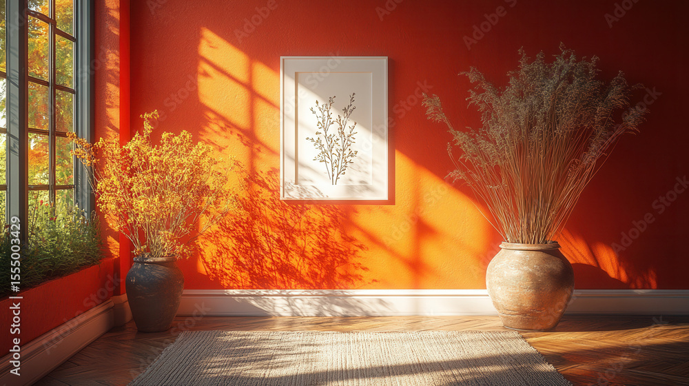 Obraz premium empty white vertical frame against warm orange wall with boho decor and dried florals 