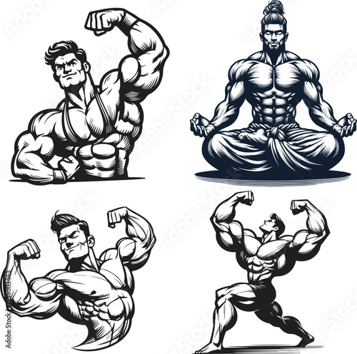 Four muscular men, depicted in various poses.  Each figure is a Caucasian adult male, with a muscular physique and a strong, defined physique