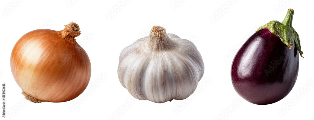 Fresh raw vegetables: onion, garlic bulb, and eggplant arranged on a clean background for culinary and organic food themes Fresh raw vegetables: onion, garlic bulb, and eggplant arranged on a clean background for culinary and organic food themes