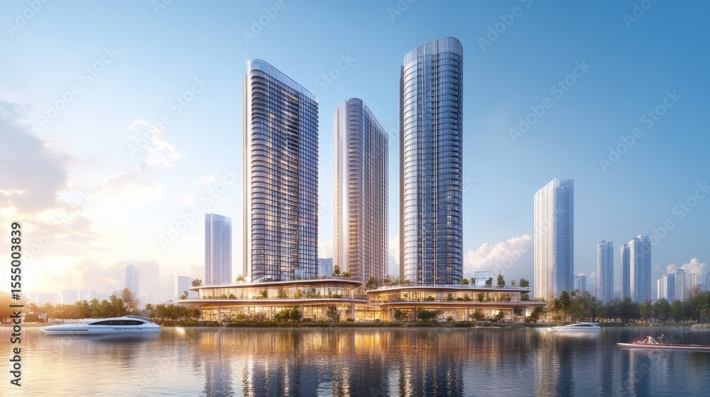 Naklejka premium Modern high-rise buildings alongside a calm body of water.