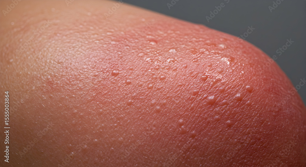 Fototapeta premium Severe Sunburn Red Skin Closeup Hot Summer Heat Rash Sweat Drops
