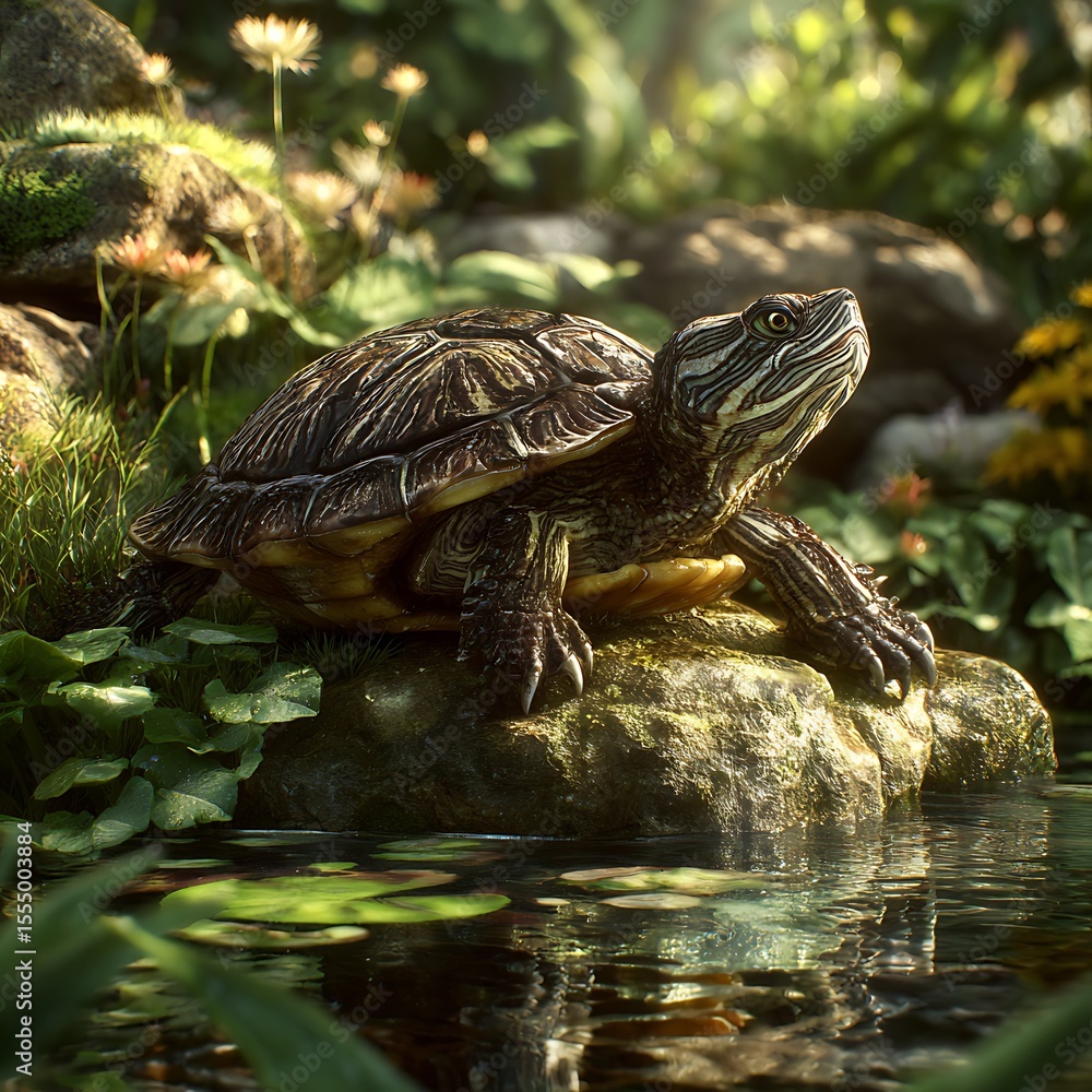 Fototapeta premium Turtle basking on rock by pond, lush greenery