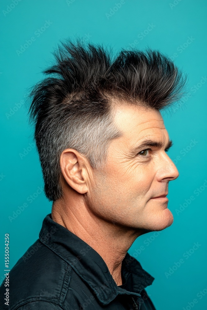 Fototapeta premium A modern and graceful man smiling naturally. Concept art of style for aging men. Blue solid background. Elegant men's colored spike haircut - midlife white man with black hair.