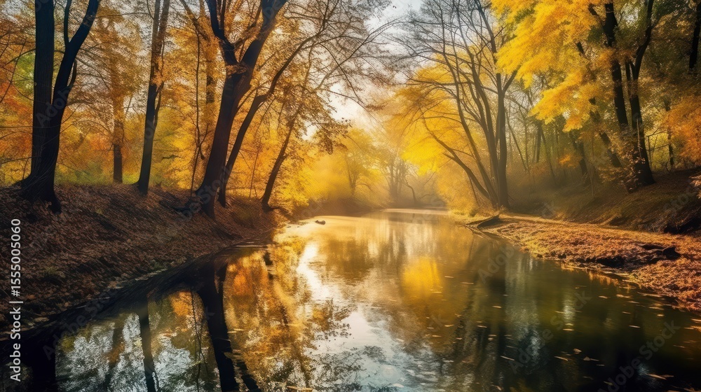 Obraz premium Golden River's Embrace, A Serene Autumnal Reflection in the Water , Autumn's Golden Embrace: A Reflective Journey Down a Sun-Kissed Stream