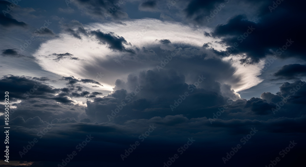 Obraz premium Dramatic and immense storm clouds gather across the dark sky, backlit by a powerful, ethereal glow, showcasing nature's raw atmospheric power and majestic, almost celestial, beauty