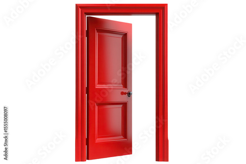 Vibrant red door stands open inviting exploration in a minimalist setting with a bright, neutral background and ample light illuminating the scene