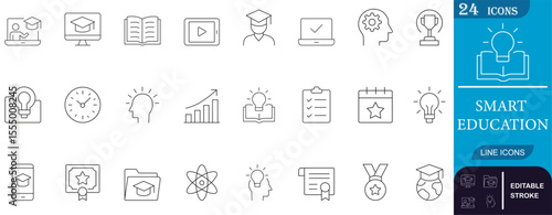 Minimal line icons representing modern education, online learning, achievement, and knowledge. Perfect for apps, infographics, websites, and digital classrooms.