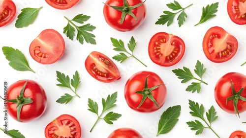 Tomato seamless pattern background. Red tomato texture. Fresh vegetable backdrop for packaging. Healthy food design. Organic farm produce illustration